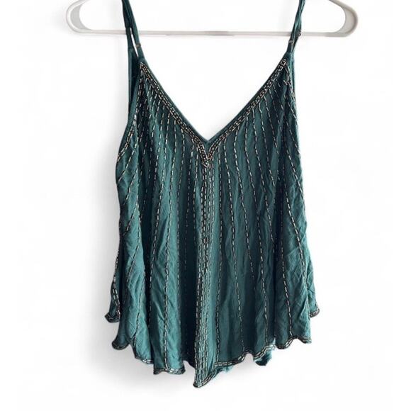 Free People Emerald Green Women’s Beaded V-neck Tank Top Size S Boho Glam - Picture 5 of 6